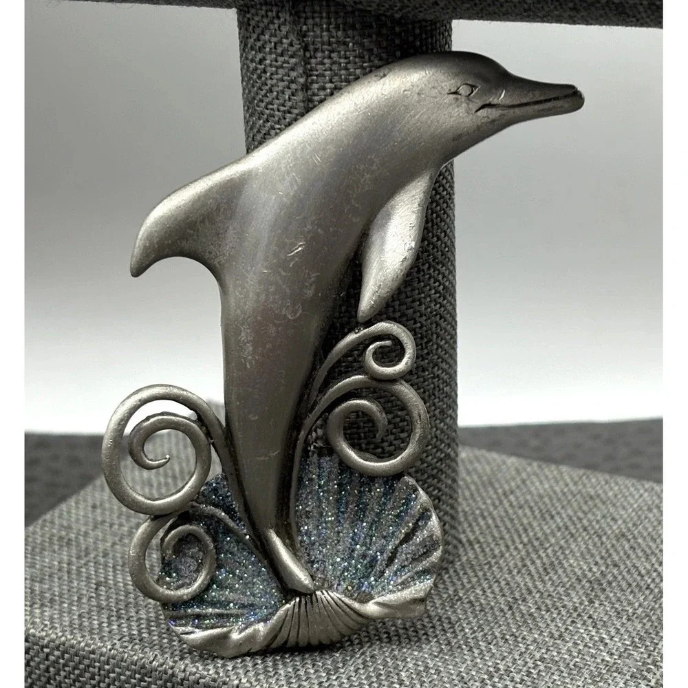 JJ Jonette Pewter Dolphin & Seashell Brooch Pin with Glitter Enamel Accents